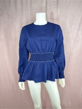 Pearl Lela Rose Womens Blue Blouse Long Sleeve Shirred Size Medium